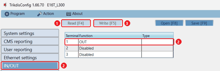 TrikdisConfig, IN/OUT tab: terminal 1 on OUT, the others on Disabled